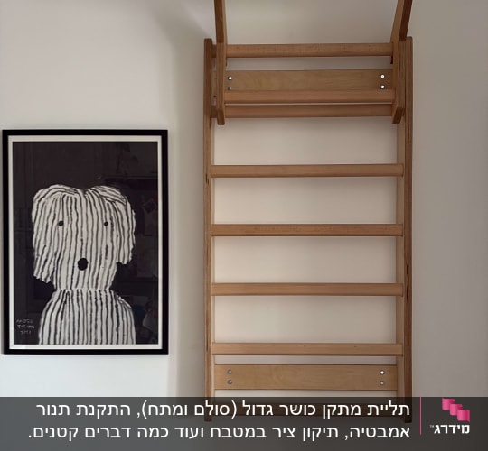 התקנת סולם שוודי מעץ ותליית תמונה ממוסגרת על הקיר